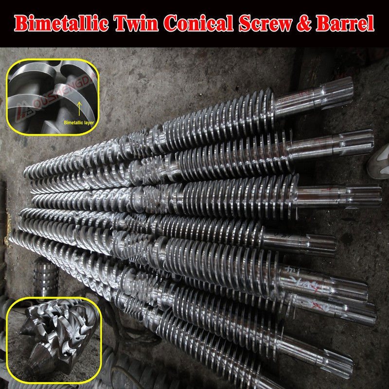 Bimetallic Conical twin screw and double hole barrel for recycled pvc profile extruder machine(counter-rotation)