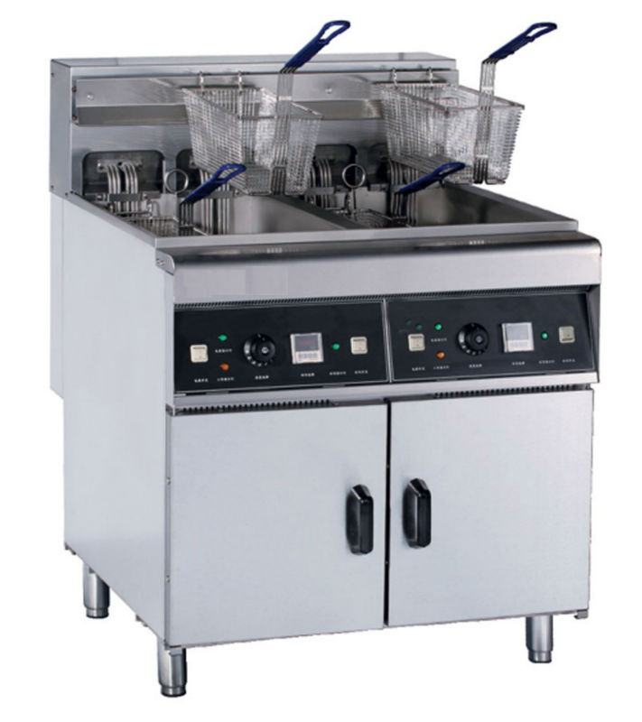 Floor-type Stainless Steel Double Tank Electric Fryer 2 Basket with Cabinet 56L